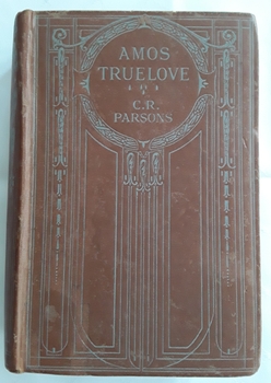 Brown covered fiction book with blue linear pattern surrounding fhe title, Amos Truelove byC.R. Parsons