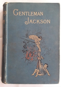 The blue cover shows a gold, black and red picture of a man lowering a young boy from a house fire tied in a sheet. The title Gentleman Jackson is printed in gold lettering.