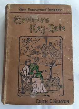 A brown hardcover novel for young women with an illustration of people sitting in a garden talking and reading.