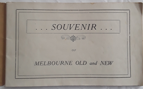 A small beige souvenir rectangular booklet of Melbourne from 1855 to date. Has black and white photographs and illustrations throughout
