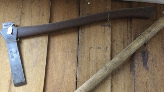 A forged  steel long headed mortising axe. 