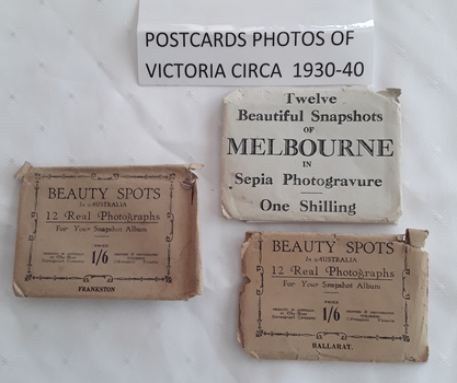 Three envelopes of 12 small beautiful sepia and black and white photograph snapshots of Melbourne, Frankston and Ballarat in Victoria. c1930 - 1940. 