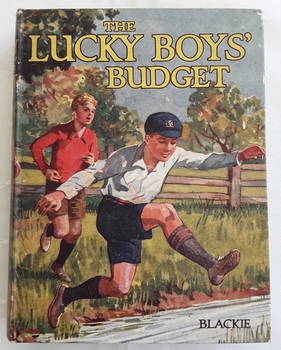 A small sized fiction book for boys with a coloured front cover of boys in the country.