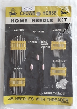 A Crown Horse brand Home Needle Kit with 48 needles and a threader in a plastic bag. 