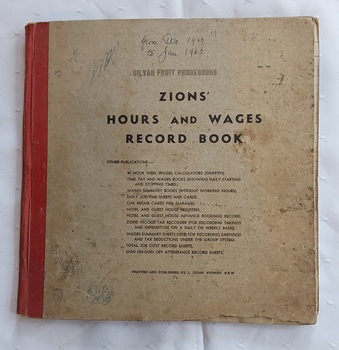 A square grey coloured Silvan Fruit Processors Zions' Hours and Wages Record Book. 