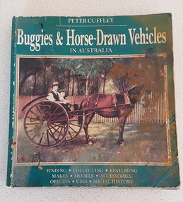A large square green paperback book about Buggies & Horse-Drawn Vehicles used for transport in Australia. 