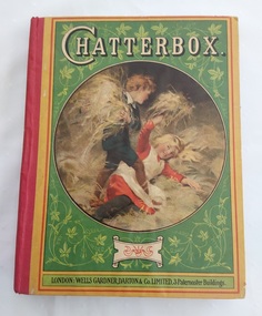 A vintage 1918 hardcover children's book with the title Chatterbox printed in white lettering at the top of the front cover.