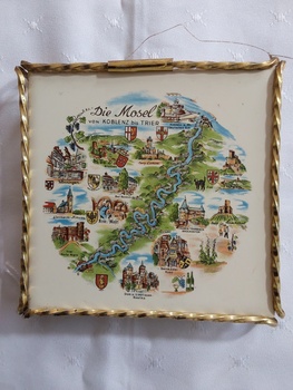 A small Wessel decorative white ceramic tile with a coloured map of the Mosel River in Germany.