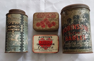 Three vintage medicinal tins and cardboard container with medications for family use.
