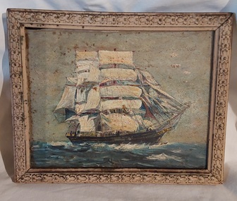 A small rectangular oil painting of a clipper ship sailing in calm waters.
