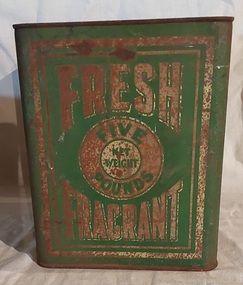 A large square rusty metallic silver surface green coloured Glen Valley Tea storage tin with a lift off lid.