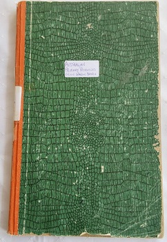 A large green paper patterned covered Minute Book with orange tape on the spine.