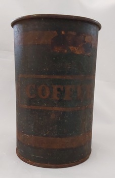 A medium sized green coffee tin with no lid It has tan 'COFFEE' printed inside a rectangular tan border.