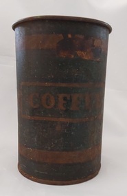 A medium sized green coffee tin with no lid It has tan 'COFFEE' printed inside a rectangular tan border.