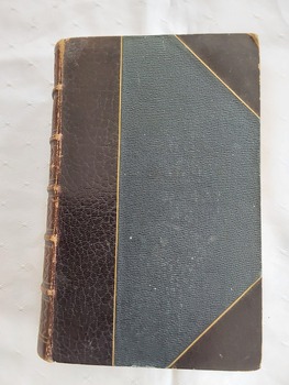 An olive green hardcover Holy Bible, Authorized Version of the New and Old Testaments with a wide brown band at the edge next to the spine and triangular corners on the right edges. 