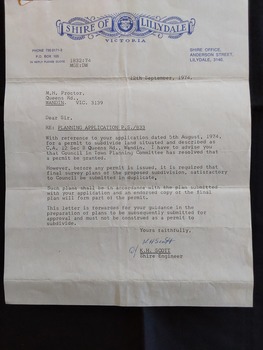 Shire of Lillydale: Planning Application to subdivide land owned by Mr Proctor.