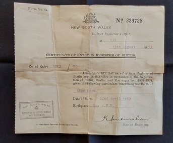 Document - Birth Certificate, New South Wales District Registrar's Office, 13th August 1953
