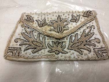 Accessory - Cream satin beaded clutch- circa 1950s