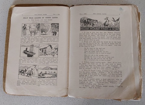11 paper children's monthly magazines held by string inside a faded brown cardboard The School Paper cover.
