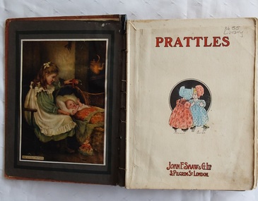 A brown decorated hardcover book for young children titled Prattles, with black outlines of flowers and columns surrounding a coloured illustration of three girls sewing. 