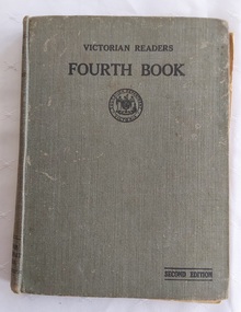 A badly damaged grey fabric covered hardcover Victorian reader Fourth Book.