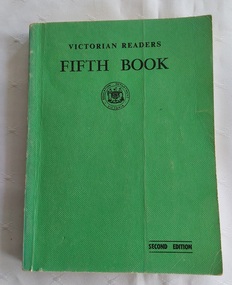 A faded vinyl light green softcover with the title Victorian Reader Fifth Book printed in black lettering at the top of the front cover.