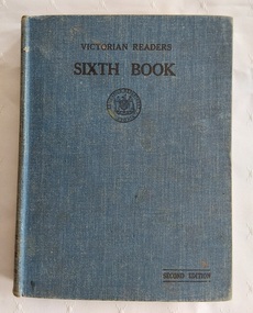 A dark blue fabric covered hardcover with the title Victorian Reader Sixth Book, printed in black lettering at the top of the front cover.