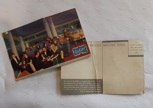 Two identical coloured vintage postcards from the Top of the Mark bar at Hotel Mark Hopkins in San Francisco in the early 1900's.