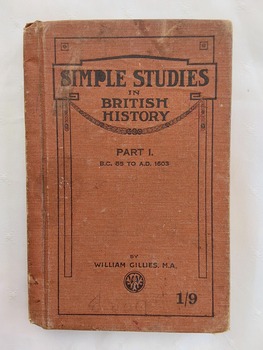 A small tan cloth covered hardcover book with the title: Simple Studies in British History Part 1 B.C. 55 to A.D.