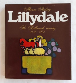 A hardcover book with a brown dust jacket with stylised illustrations of a horse, sheep, berries and trees on top of a yellow and blue rectangular truck or tractor shape.