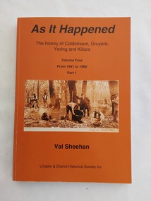 An orange covered book with details printed in black: the title, author and a sepia photograph of mining at David Mitchell's property near Steele's Flats. 