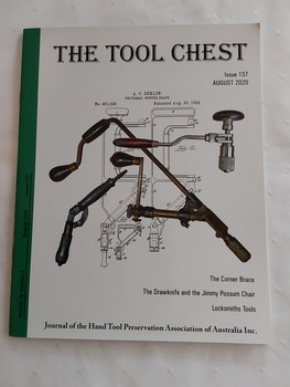 A white journal Volume 32, Number 3 August 2020, The Tool Chest, printed in black lettering at the top of the front cover with a photograph of three corner braces.