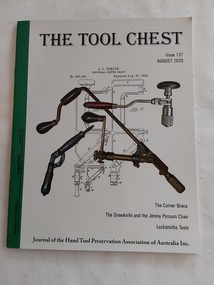 A white journal Volume 32, Number 3 August 2020, The Tool Chest, printed in black lettering at the top of the front cover with a photograph of three corner braces.