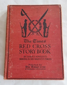A red cloth covered book with the title printed in black with silhouettes of two soldiers standing each side of a wreath.