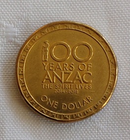 A 2014 Australian $1 dollar coin commemorating 100 Years of ANZAC (1914–2014) — a tribute to the bravery, sacrifice, and enduring spirit of the Australian and New Zealand Army Corps. 