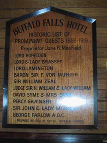 Plaque, "Buffalo Falls Hotel / Historic list of prominent guests 1888-1919"