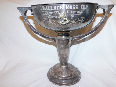 Frontal view of trophy show casing golden rampant lion badge of the VSR, and engraved text 