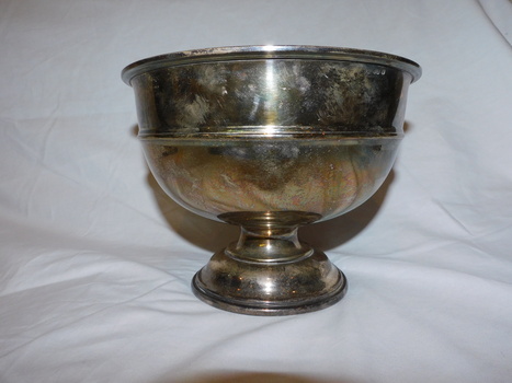 Frontal view of silver bowl.  