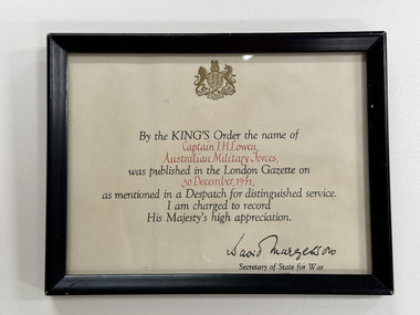 Document - Framed MID award to CAPT Lowen, Kings Order of appreciation to CAPT Lowen