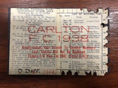 Membership Ticket, 1938 Carlton FC Membership Ticket, 1938