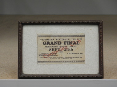 Framed VFL Grand Final Ticket, 1938 Victorian Football League Grand Final Ticket Sept 24th Melbourne Cricket Ground Competing Club. Complimentary Ticket for Club Officials & Players only
