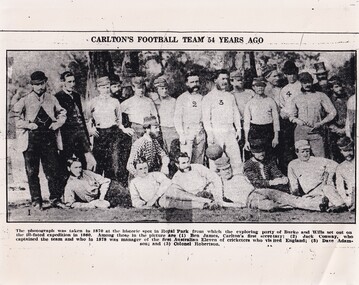 Black & White Team Photo, Carlton's Football Team 54 years ago (1870), 1870 & copied in 1924