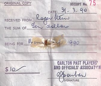 Receipt and metal button, Carlton Past Players & Officials Association receipt for Roger Skien