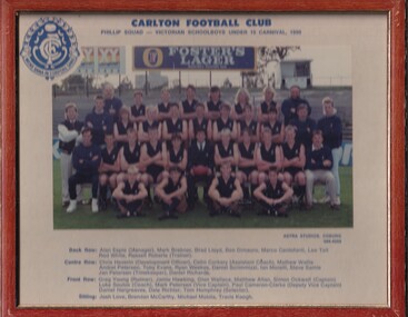 Framed Colour Team Photo, CARLTON FOOTBALL CLUB Phillip Squad Victorian Schoolboys Under 15 Carnival 1990, 1990