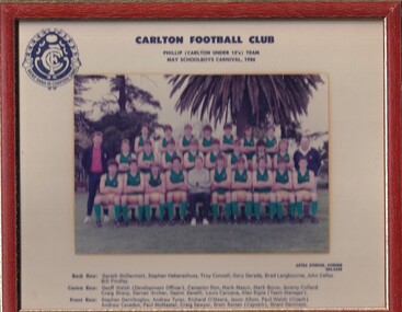Framed Colour Team Photo, CARLTON FOOTBALL CLUB Phillip U15 Team May Schoolboys Carnival 1986, 1986