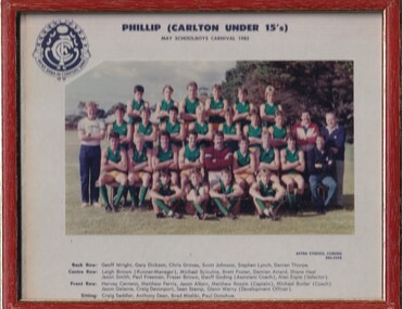 Framed Colour Team Photo, ASTRA STUDIOS, Phillip Carlton Under 15s May Schoolboys Carnival 1985, 1985