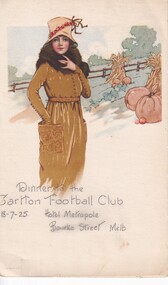 Menu for Dinner, Dinner to the Carlton Football Club 13/7/25 Hotel Metropole Bourke Street Melb, 1925