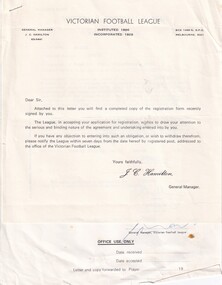 Letter from Victorian Football League 1981, VFL Registration Form 5A, 1981