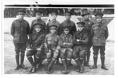 Photograph of soldiers from Tarnagulla and district in a military camp, Soldiers from Tarnagulla and district in a military camp, Exact date unknown, circa 1914-1918