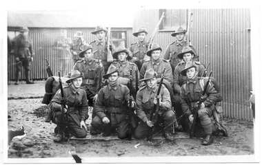 Photograph of soldiers from Tarnagulla and district in a military camp, Soldiers from Tarnagulla and district in a military camp, Exact date unknown, circa 1914-1918